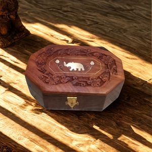 Premium Hand Carved Wooden <b>Box</b> with Pure Brass Inlay Antique Design for Jewelry <b>Storage</b> (6x4 Inches) - Product Image 1