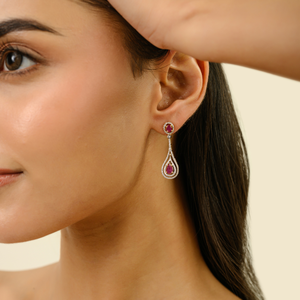 Statement Teardrop Dangle Earrings Featuring In <b>Ruby</b> & Diamond 18K Solid Yellow Gold Trending New Design Birthstone Jewelry - Product Image 4
