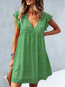 Vestido de Chifón con Estampado Floral y Cuello en V, Personalizado, Talla Grande, Sexy, Casual, con Volantes, Manga Corta, Decoración con Patrón de Princesa - Product Image 2