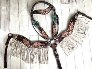 Plumas pintadas con flecos de cuero color topo cremoso, juego de tachuelas, cuello de pecho, cuero genuino, cuentas ligeras de temporada - Product Image 3