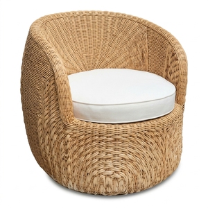Fauteuil de jardin extérieur moderne en rotin tressé naturel avec coussin de siège blanc pour villa et parc – Ensemble de chaises longues de patio - Product Image 1
