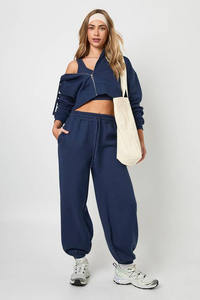 Ensemble de survêtement 2 pièces pour femme, design personnalisé, bleu marine, pantalon de jogging à revers et sweat à capuche zippé, respirant - Product Image 3