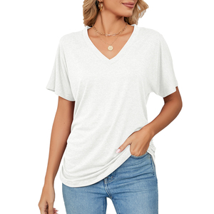 T-shirts vêtements décontractés femmes col en v t-shirts couleur unie teint haute qualité Logo personnalisé sans manches femmes T-shirts à col en V - Product Image 4