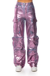 LA ISLA METALLIC CARGO JEANS in PINK High Waisted Flap Pocket Cargo Jeans <strong>Baggy</strong> Boyfriend <strong>Trousers</strong> Pants for <strong>Women</strong> - Product Image 5