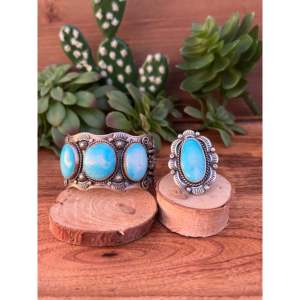 Navajo Fine Jewelry <b>Sets</b> Big Nugget Turquoise & Sterling Silver Cuff <b>Bracelet</b> & Ring Size 8 - Product Image 1