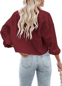 Camisas recortadas con botones para mujer con mangas largas, blusas cortas informales elegantes, colores sólidos con solapa elegante y bolsillo en el pecho - Product Image 3