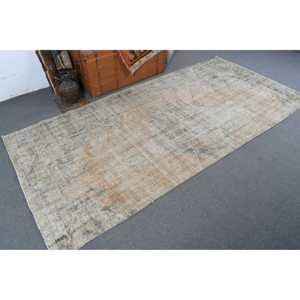 4.4x9.3 ft Large Vintage Turkish Rug, <b>Brown</b> Check <b>Wool</b> Rug - Product Image 2