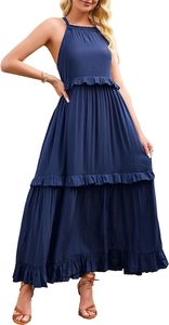 เดรสยาวสีน้ำเงินสไตล์ฤดูใบไม้ผลิและฤดูร้อนสำหรับผู้หญิง ผ้าเรยอน 100% ดีไซน์พันรอบตัว คอทรงกลม เหมาะสำหรับงานปาร์ตี้ - Product Image 4
