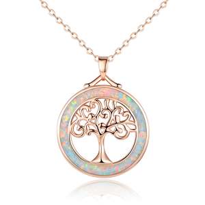 Collana con Pendente Albero della Vita in Opale Fiammante, Placcata Oro, Acciaio Inossidabile, Montatura a Castone, Motivo a Goccia d'Acqua, Regalo con Charms Aggiuntivi - Product Image 1