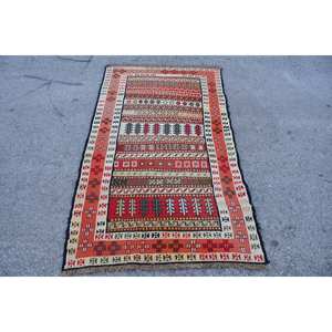 Alfombra de lana blanca y roja Kilim de área grande, 3,3x5,8 pies, tejido plano turco, respaldo de látex, patrón rectangular para pasillo, Alfombra de habitación modelo - Product Image 1