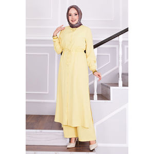 Casual Yellow Hijab Set with Floral Print Belted Knitting <b>Trousers</b> - Product Image 1