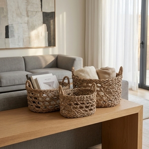 Ensemble de paniers de rangement en jonc de mer tressé à la main, avec panier ovale à treillis ouvert et poignée arche haute, pour décoration et design d'intérieur artistique - Product Image 5