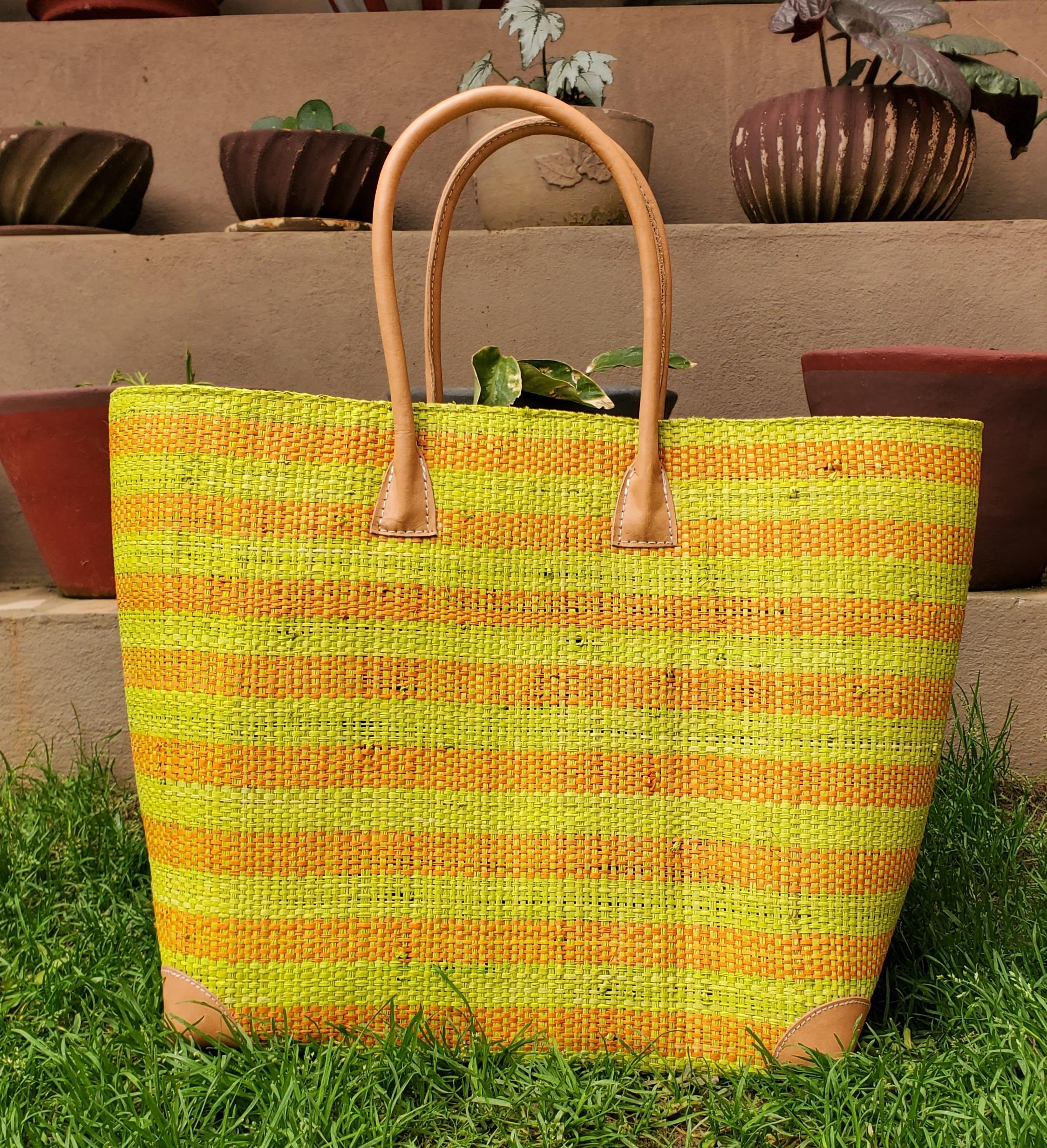 MADAGASCAR EXTRA LARGE LANGARA SHOPPING BASKET (WOVEN RAFFIA) CORNERS LONG LEATHER HANDLES DRAWSTRING FABRIC CLOSURE Customized