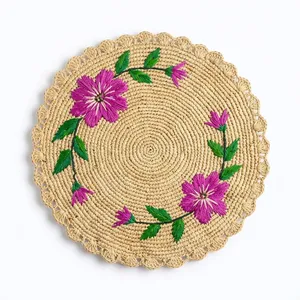 <b>Round</b> Handmade raffia Bohemian Table <b>Mat</b> With Pink Floral Embroidery Green Base - Product Image 5