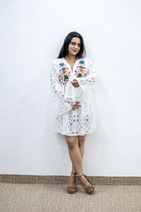 White Lace Boho VNeck Short Summer Gown Wide <b>Bell</b> Sleeve Floral Embroidered Vacation Resort <b>Outfit</b> White Lace Boho VNeck - Product Image 5