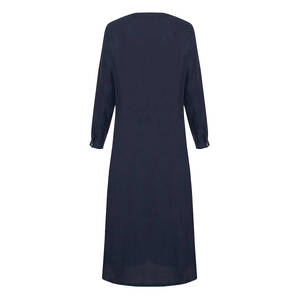 Robe décontractée en tissu tissé bleu marine à col mandarin, coupe décontractée, avec fentes et design simple - Product Image 3