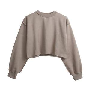 Sudadera recortada XS de alta calidad para mujer, 100% de algodón, manga larga, cuello redondo, invierno, informal, forrado, hombro caído, Sudadera con capucha, teñido liso - Product Image 1