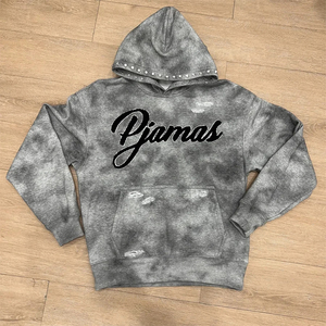 เสื้อฮู้ดดี้สีดำแบบกำหนดเอง ผ้าฟลีซ 360 แกรม ลุคฟอกสี ปักด้วยไหมเชนิลล์  สำหรับผู้ชาย สีขาว ประดับหมุดและคริสตัล - Product Image 1