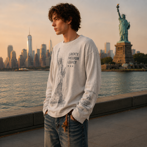 Custom Design Fan Souvenirs New York Vintage Graphic Oversized Drop Shoulder T <b>Shirt</b> <b>Waffle</b> Long Sleeve <b>Shirt</b> - Product Image 3