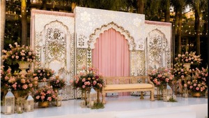 Outdoor Wedding Mirror Work Arch Panel <b>Frames</b> Elegant Moroccan Style Wooden Backdrop With <b>Pink</b> Arch And Floral Decor For Wedding - Product Image 5