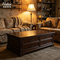 Table basse traditionnelle en bois massif avec tiroirs, grande table rectangulaire classique pour salon, table centrale de luxe en bois avec rangement