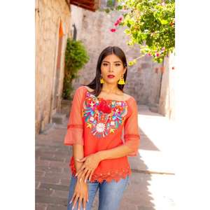 Chemise à fleurs orange brodée pour femmes, style ethnique, avec manches transparentes, tenue décontractée - Product Image 1