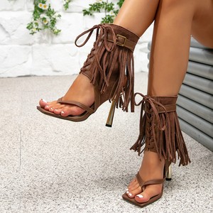 Botas de Tacón Alto para Mujer, Color Marrón, Diseño de Espiga, con Borlas y Cordones, Tacón de Aguja, Estilo Europeo y Americano, Zapatos Sexys de Moda - Product Image 1