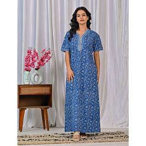 Vestido de Dormir 100% Algodón con Estampado Jaal Hecho a Mano, Camisón Suave Tejido con Diseño Floral y Cierre de Botones, Talla 3XL para Damas de Honor - Product Image 6