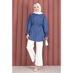 Túnica Indigo para Mujer con Cuello Bordado Floral, Cintura Ajustable con Cordón, Formal, de Popelina, Gasa y Tejido de Punto, Talla XL, Corte Holgado, Largo - Product Image 1