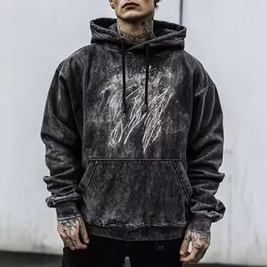 Fabricants Vente en gros Sweats à capuche d'hiver pour hommes 100% coton Vintage Distressed Acid Wash Embroidery Patch Pullover Solid Pattern - Product Image 4