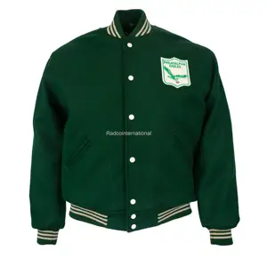 Chaqueta de piel auténtica personalizada con letras de lana para hombre, chaqueta negra con parches de logotipos bordados en Color verde para hombre