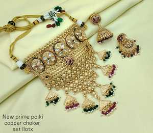 Conjunto de Gargantilla Nupcial con Diseño Étnico Tradicional de Templo, Pendientes Jhumka, Joyería de Imitación, Chapado en Oro, Circonita, Acabado Antiguo para - Product Image 1