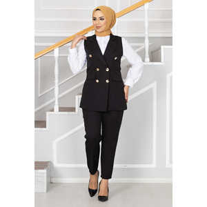 Conjunto de chaleco hijab con detalle de cuello tipo pañuelo estilo oficinista, color negro - Product Image 1