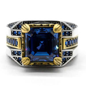 Hallmarked Vintage <b>Silver</b> Asscher Cut Sapphire Statement <b>Ring</b> for <b>Men</b> - Product Image 4