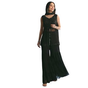 Conjunto de Salwar Kameez de Seda Georgette Negra con Peplum, Kurta y Sharara, con Bordado Intenso, Cuentas y Lentejuelas para Bodas, Fiestas y Recepciones Festivas - Product Image 1