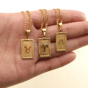 18 Karat vergoldeter Edelstahl Wasserdichtes Horoskop Astrologie Anhänger Halskette Schmuck Frauen Quadrat 12 Sternzeichen Halskette