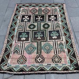 Turkish 4.3x5.5 ft Rug, Vintage Rug, <b>Brown</b> Plants & trees Rug <b>Wool</b> - Product Image 1