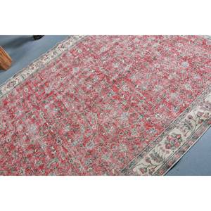 Tapis turc vintage 5.7x9.4 pieds laine rouge beige grande surface avec motif patchwork pour couloir ou chambre à coucher latex soutenu - Product Image 5