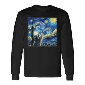 T-shirt a maniche lunghe con grafica Raccoon Starry Night, design artistico, abbigliamento unisex - Product Image 1
