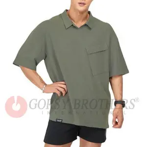 Chemise à manches courtes en coton pour hommes, vêtements écologiques, polo personnalisé, étiquettes personnalisées, tee-shirt vert armée avec poche, 95