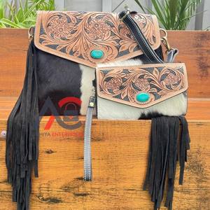 Hot Selling High Quality Durable Hand Tooled Genuine Cowhide Leather <b>Handbag</b> and Clutch Set Wholesale 2-Piece Combo for Women's - Product Image 1