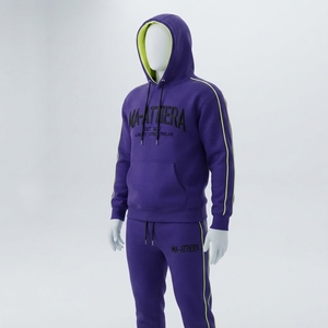 <b>Men</b> Purple Hoodie Tracksuit Set Lime Green Lining Side Stripes <b>Pullover</b> Sweatshirt Jogger Pant Sportswear Gym Fitness Activewear - Product Image 1