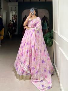 Premium Light Baby <b>Pink</b> Tabby Silk Lehenga Choli with Floral Print With <b>Lace</b> Touch Up Dupatta for Parties and Weddings - Product Image 2