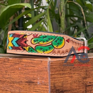 Factory <b>Direct</b> Hand Tooled Leather <b>Beaded</b> Adjustable & Padded Genuine Cowhide Leather Durable Heavy Duty Dog Collar Pet Collars - Product Image 1