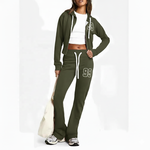 Vêtements de sport pour femmes, sweat-shirts à capuche et pantalons de survêtement à fermeture éclair, fabriqués en usine, style streetwear, tendance, chauds, en molleton technique - Product Image 1