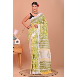 ผ้าซารีผ้าลินินผสมฝ้ายพิมพ์ลายด้วยมือ คอเสื้อแบบไร้สาย ระบายอากาศได้ดี ด้วยเทคนิคการพิมพ์ลายด้วยมือ - Product Image 1