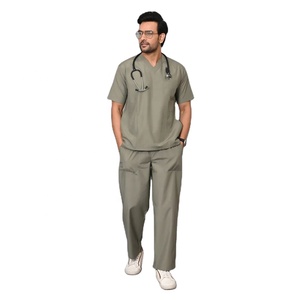 Listo para enviar para hombre verde oliva médico Scrub Suit OEM 2 piezas con cuello en V uniforme con manga corta Top y pantalones para uso hospitalario - Product Image 1