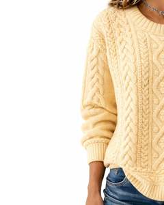 Customized Butter Yellow <b>Cable</b> <b>Knit</b> <b>Sweater</b> Crew Neck Long Sleeve Soft Winter Pullover For Women Warm Casual Knitwear Wholesale - Product Image 2