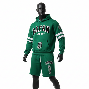 ชุดเซ็ตฮู้ดดี้และกางเกงขาสั้นผ้าฝ้ายฟลีซพรีเมียมสำหรับผู้ชาย สีเขียว แถบลายที่แขนเสื้อ ปักโลโก้แบบแอพพลิเค่ตามสั่ง - Product Image 1