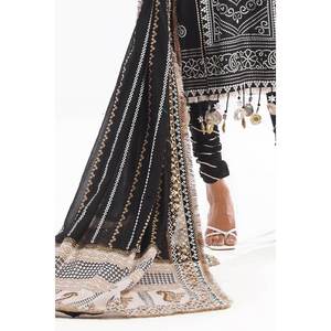 Conjunto de traje de mujer de 3 piezas sin coser con bordado Zari y estampado de laca dorada en tela Lawn, con CL-52407 - Product Image 4
